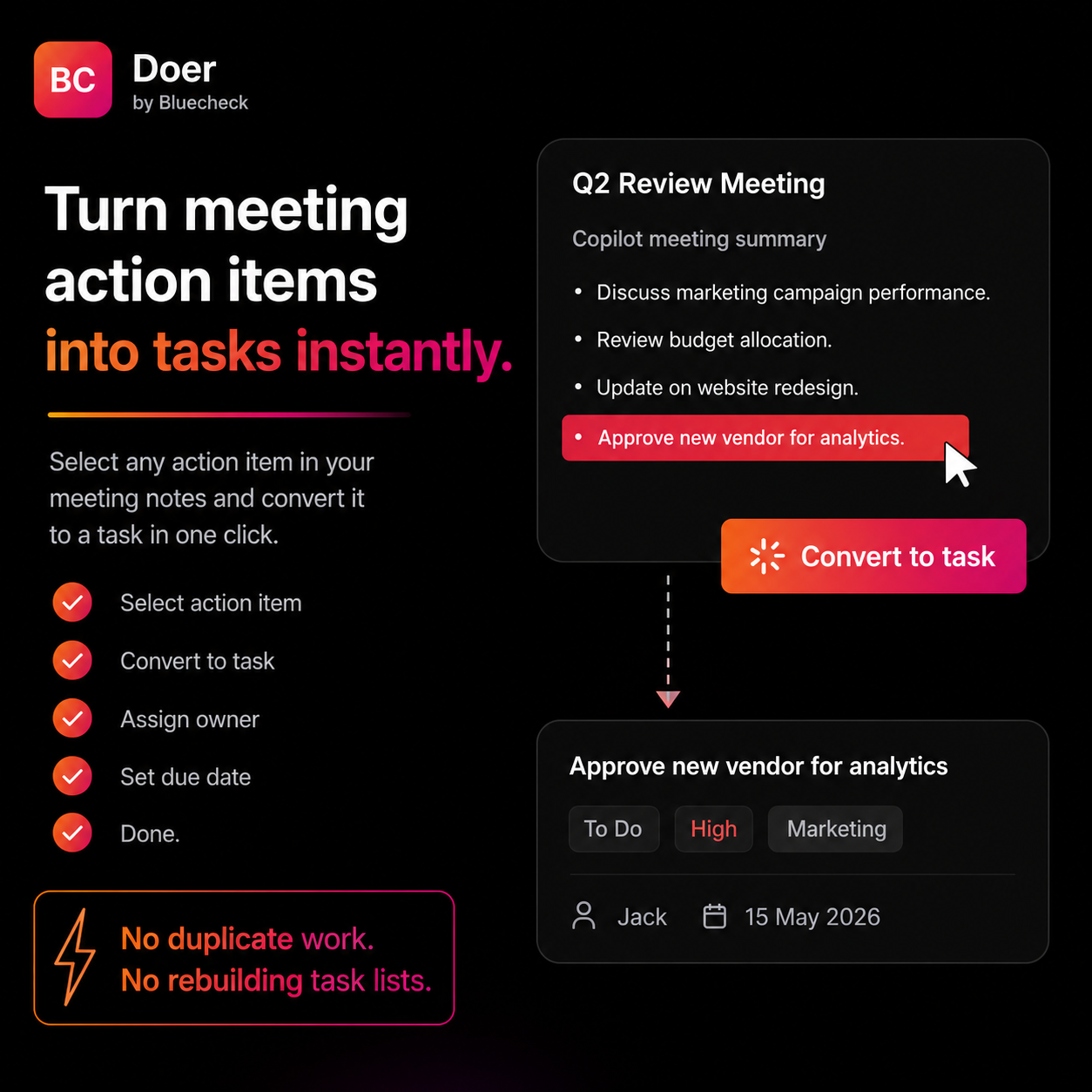 Converting a meeting action item to an owned task in Doer