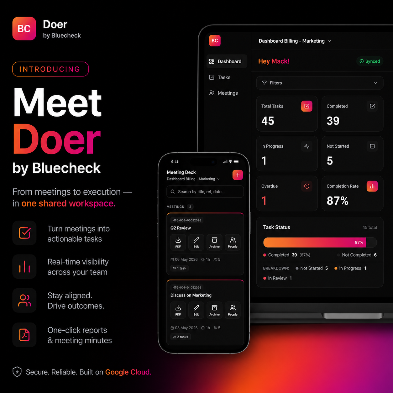 Doer app — meeting deck and dashboard overview